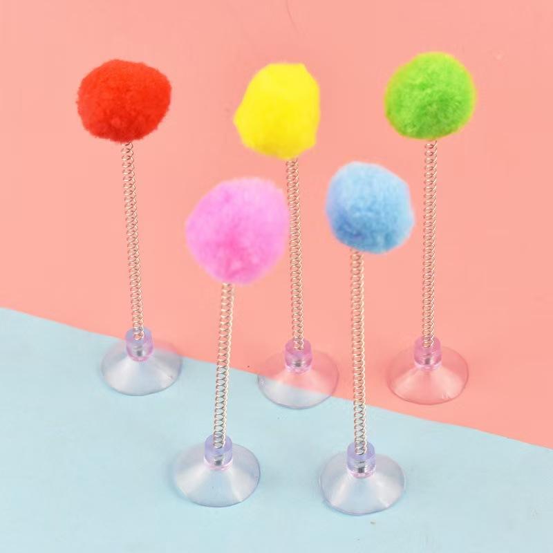 Spring Fur Ball for Cats, Multicolored Suction Cup Toy, Teaser Stick, Interactive Pet Toys, Scratch Toys, Random Color Supplies, 5 Pieces