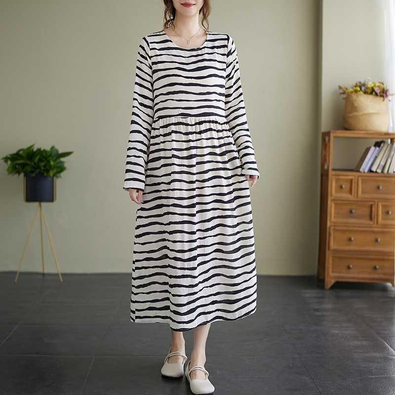 Vintage Literary Style Striped Printed Round Neck Long Sleeve Tie Dress