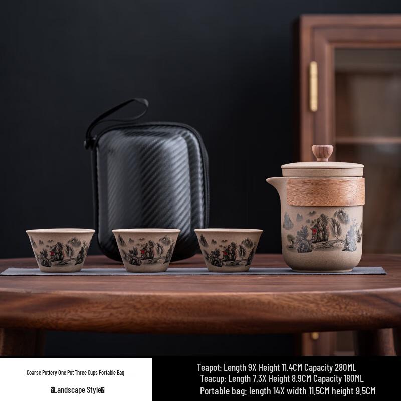 Baizi'en Landscape Lotus Coarse Pottery Portable Travel Tea Set