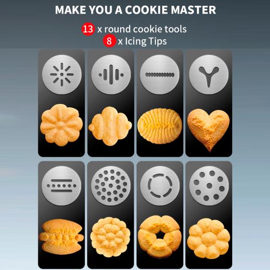 Cookie Press Maker Easy to Use 304 Stainless Steel Cookie Press with 13 Plates 8 Icing Tips Ergonomic Design Cookie Decorating Kit