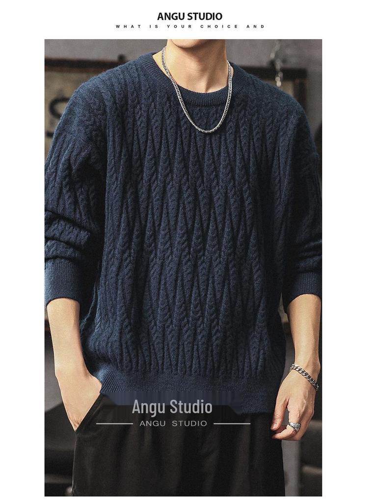 Men's Heavyweight Cable Knit Sweater - Warm, Trendy, Casual, and Versatile Round Neck Knitwear
