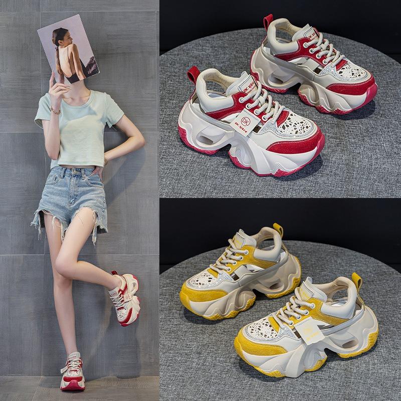 2527 leather casual shoes women's new summer new lightweight thick-soled heightening sports shoes color matching breathable board