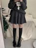 Deep Gray Textured A-Line Pleated Knit Skirt with Elastic High Waist for Women - Slim-Fit, Short Length, Perfect for Autumn and Winter