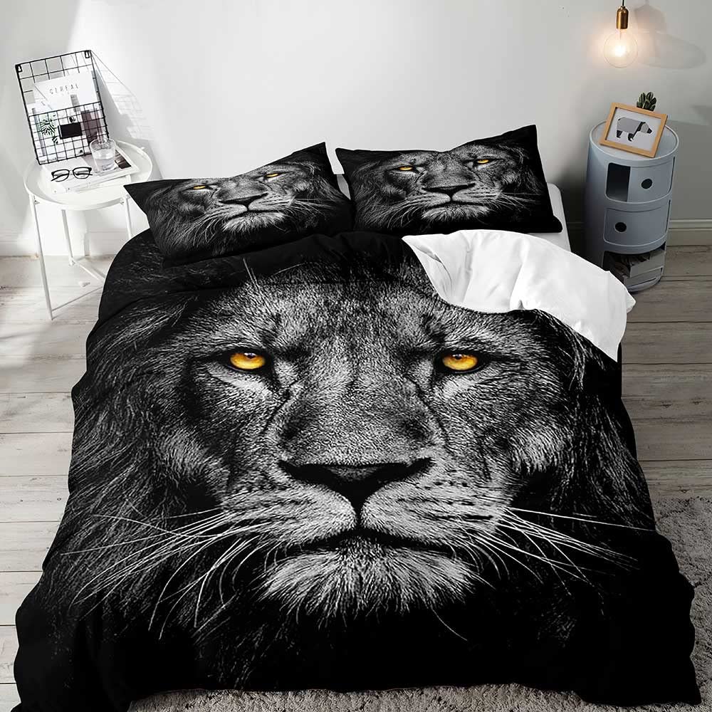 3PCS Lion King & Quen Beding Set, African Safari Animal Black Beding, Warm Comforter Cover, Bedrom Decor for Couples Ful Sized Dimensions