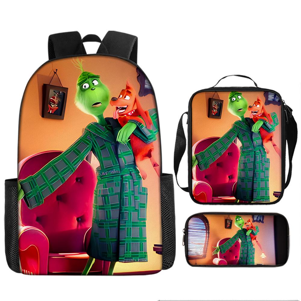Green Hair Monster Grinch School Bag Campus 12345th and 6th Grade Backpack Lightweight Weight Loss Computer Bag Three-piece Set