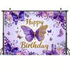 2D Purple Floral Butterfly Happy Birthday Backdrop Gold Accent Party Decoration Banner