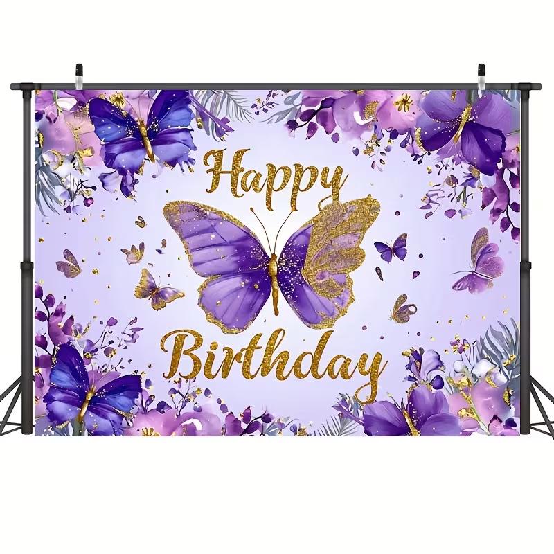 2D Purple Floral Butterfly Happy Birthday Backdrop Gold Accent Party Decoration Banner