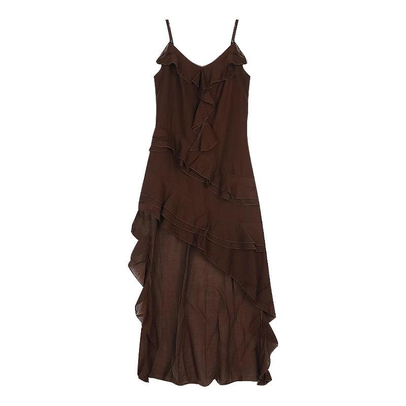 French beautiful lotus leaf edge suspender dress women's summer temperament irregular seaside vacation waist a word skirt