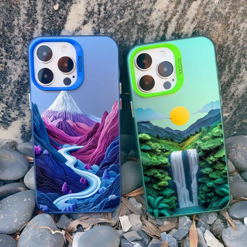 Mountains and Rivers Laser Phone Case For IPhone 14 15 Pro Max Plus 11 12 13 Mini Pro Max 16 Pro Max Shockproof Back Cover Funda