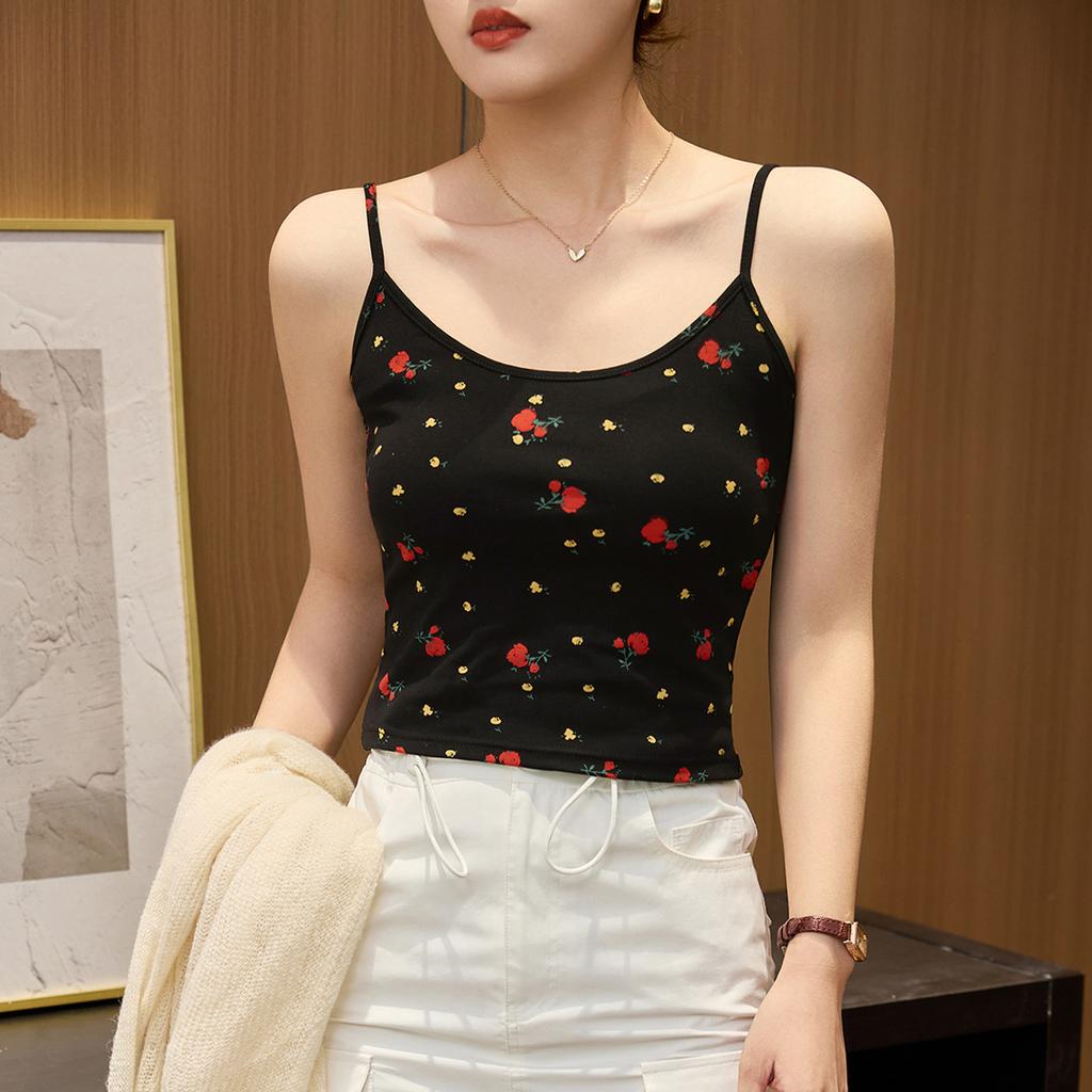 Combed Pure Cotton Rose Printed V-neck Suspender Dress for Women's Summer New Slit Sexy Long Skirt