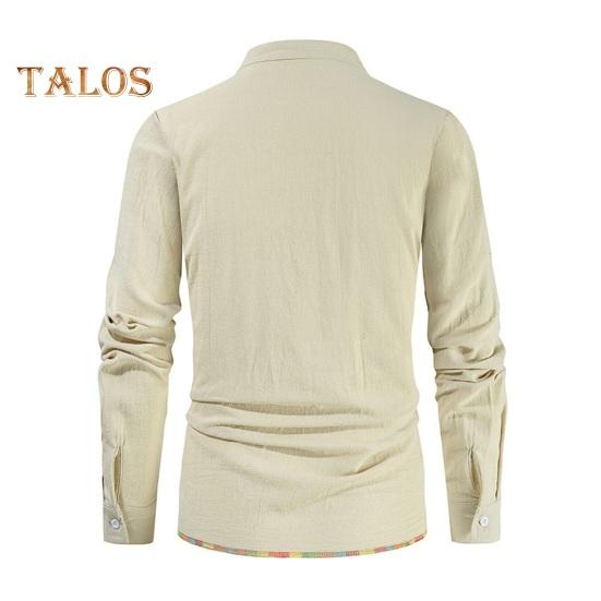 Spring Autumn Men Shirt Lace-up Stand Collar Long Sleeves Solid Color Loose Retro Medieval Mid Length Casual Commuting Office Top