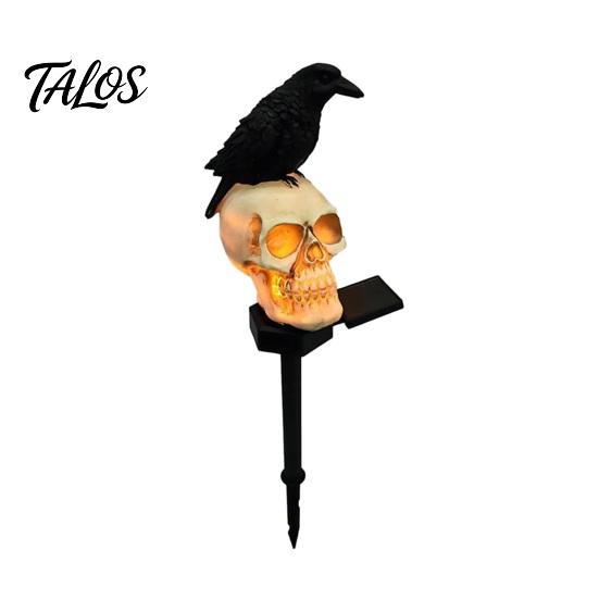 Horror Themed Yard Landscape Ornaments LED Solar Crow Skull Light, Waterproof Halloween Pathway Gothic Outdoor Lights for Lawn Decor on Skeleton Head