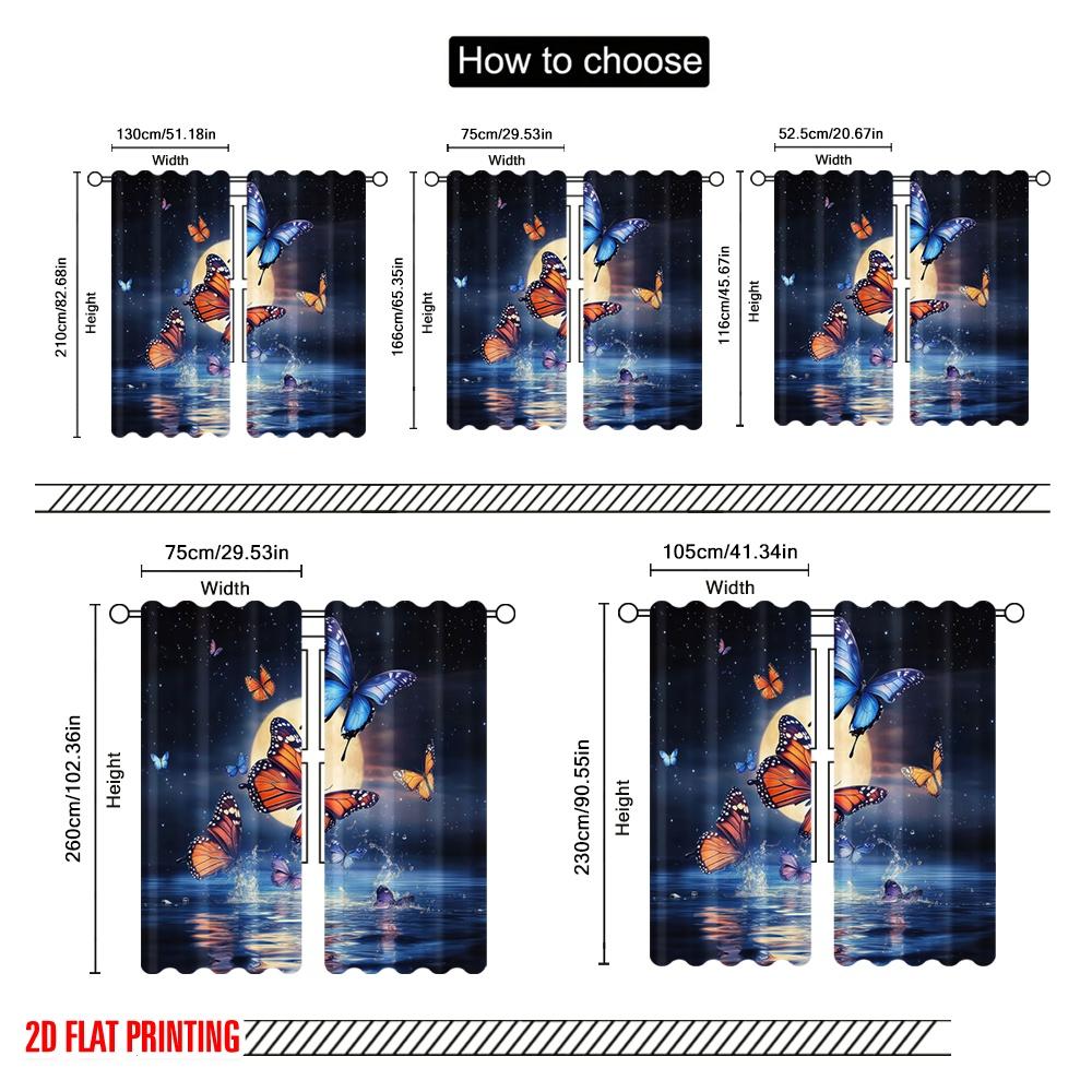 2pcs,2D Plane Printing Creative Curtains Moonlit Butterflies Versatile Durable Polyester (without Rod) All Seasons Ldeal for