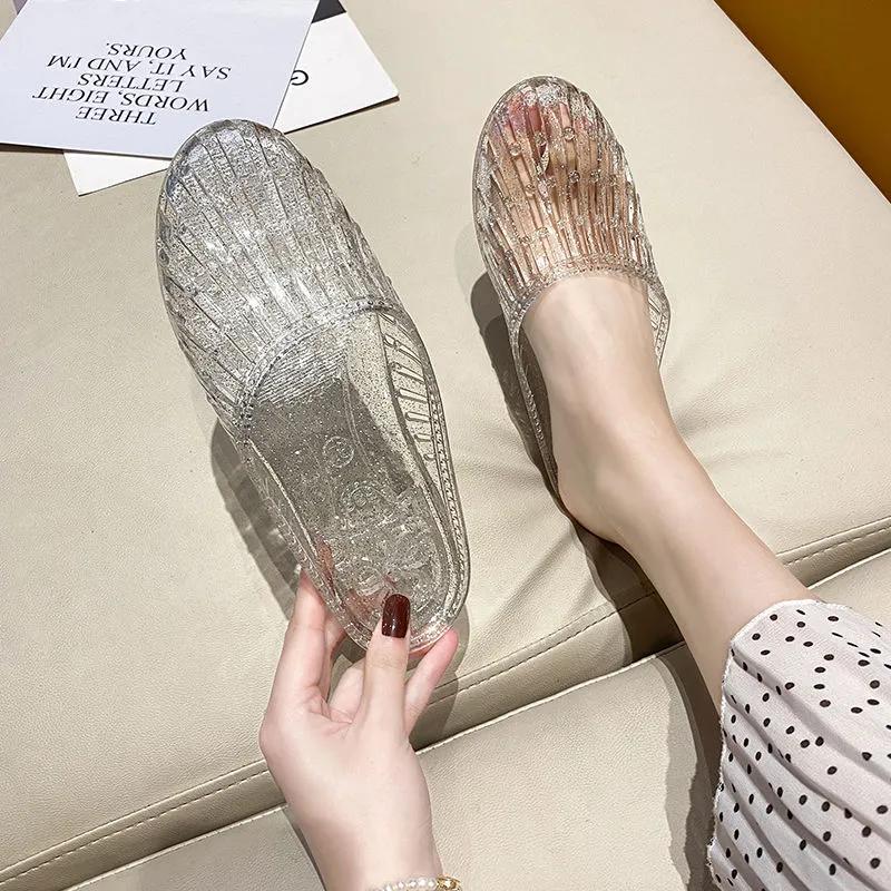 

Женские сандалии и тапочки Baotou на плоской подошве, милые нескользящие туфли с полыми отверстиями для ванной комнаты, женские тапочки с кристаллами