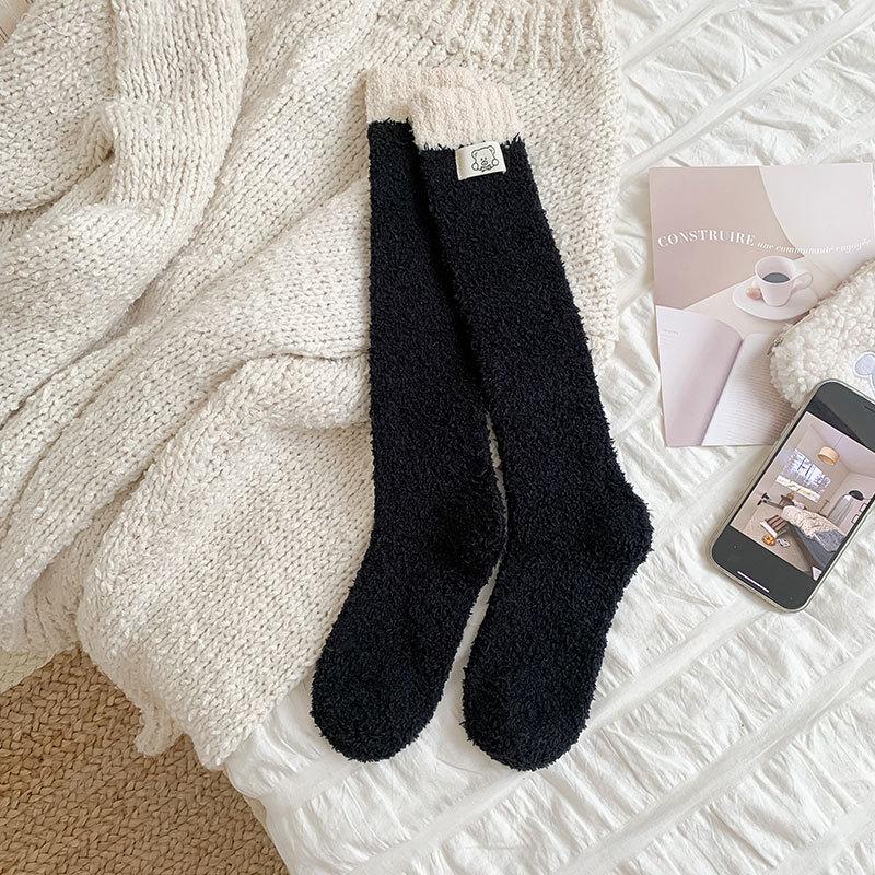 Coral fleece calf socks women's winter thickened thermal floor socks bear cloth label striped stockings sleep socks