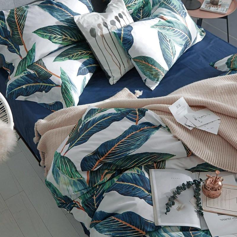 Duvet Cover Set Tropical Leaves Bedding Set,3 Piece Egyptian Cotton Green Quilt Cover with Zipper Closure