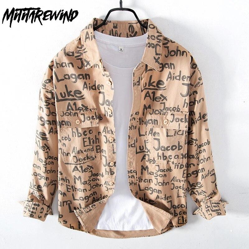 

Американская новая модная мужская рубашка Весенняя уличная одежда Мужской топ из чистого хлопка Повседневная рубашка-карго с длинным рукавом Рубашка с принтом полных букв Молодежная свободная рубашка