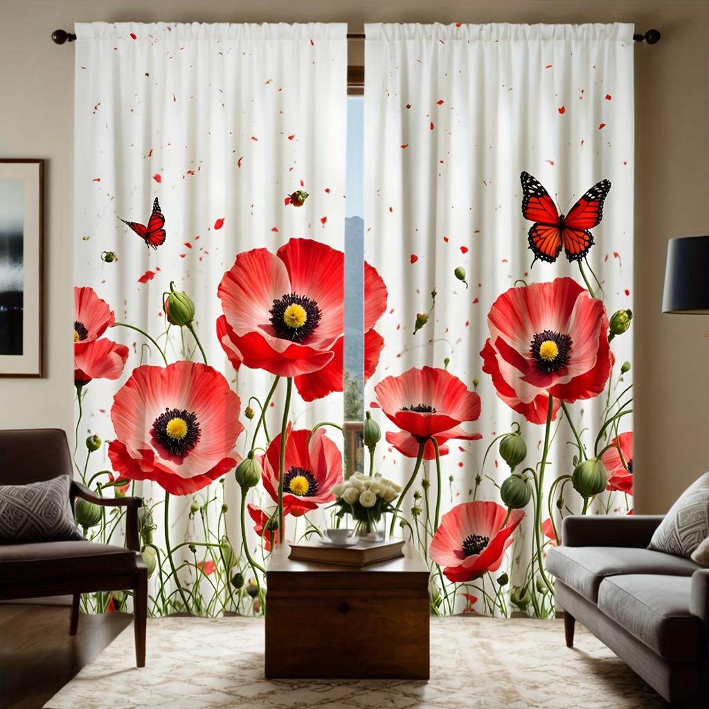 Tende con Papaveri Rossi 2pz – Stampa Realistica Fiore e Farfalla, Decorazione Giardino Romantico per Soggiorno e Camera da Letto