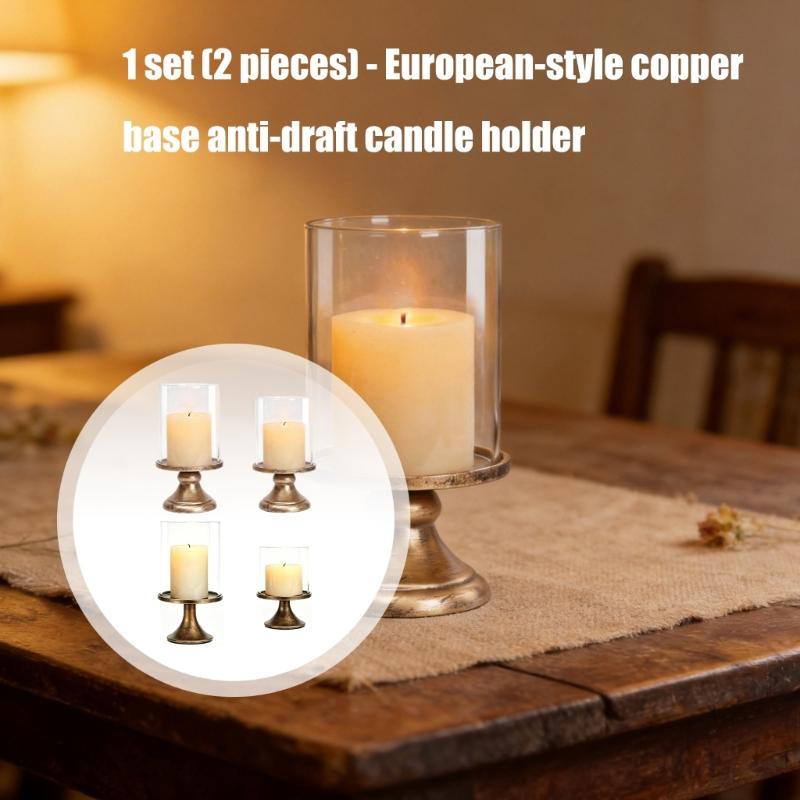 Conjunto de Castiçais à Prova de Vento para Mesa com Cúpula de Vidro Transparente e Bases em Tom Bronze para Centro de Mesa de Casamento, Decoração de Entrada para Casa
