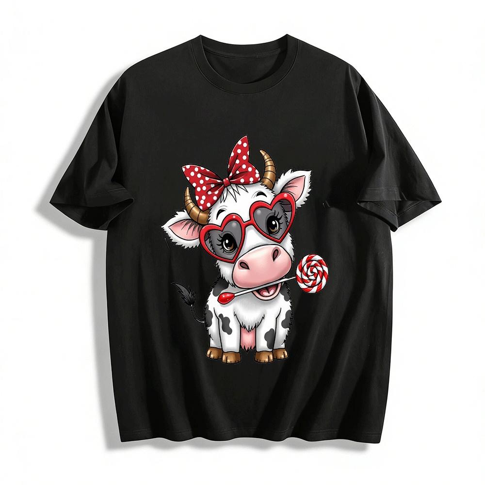 Cute Cow with Heart Sunglasses Print Casual Top Pure cotton T-shirt XXS