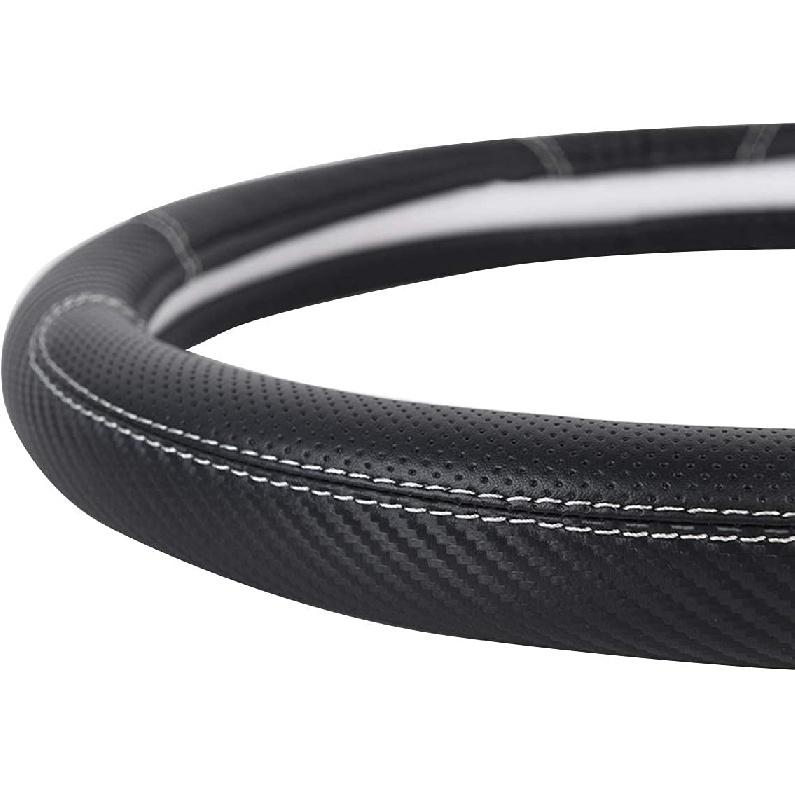 CAR-GRAND Carbon Fiber Steering Wheel Cover, Premium Breathable Leather Sporty Wheel Protection Interior Accessories Standard Size[14" 1/2-15"]