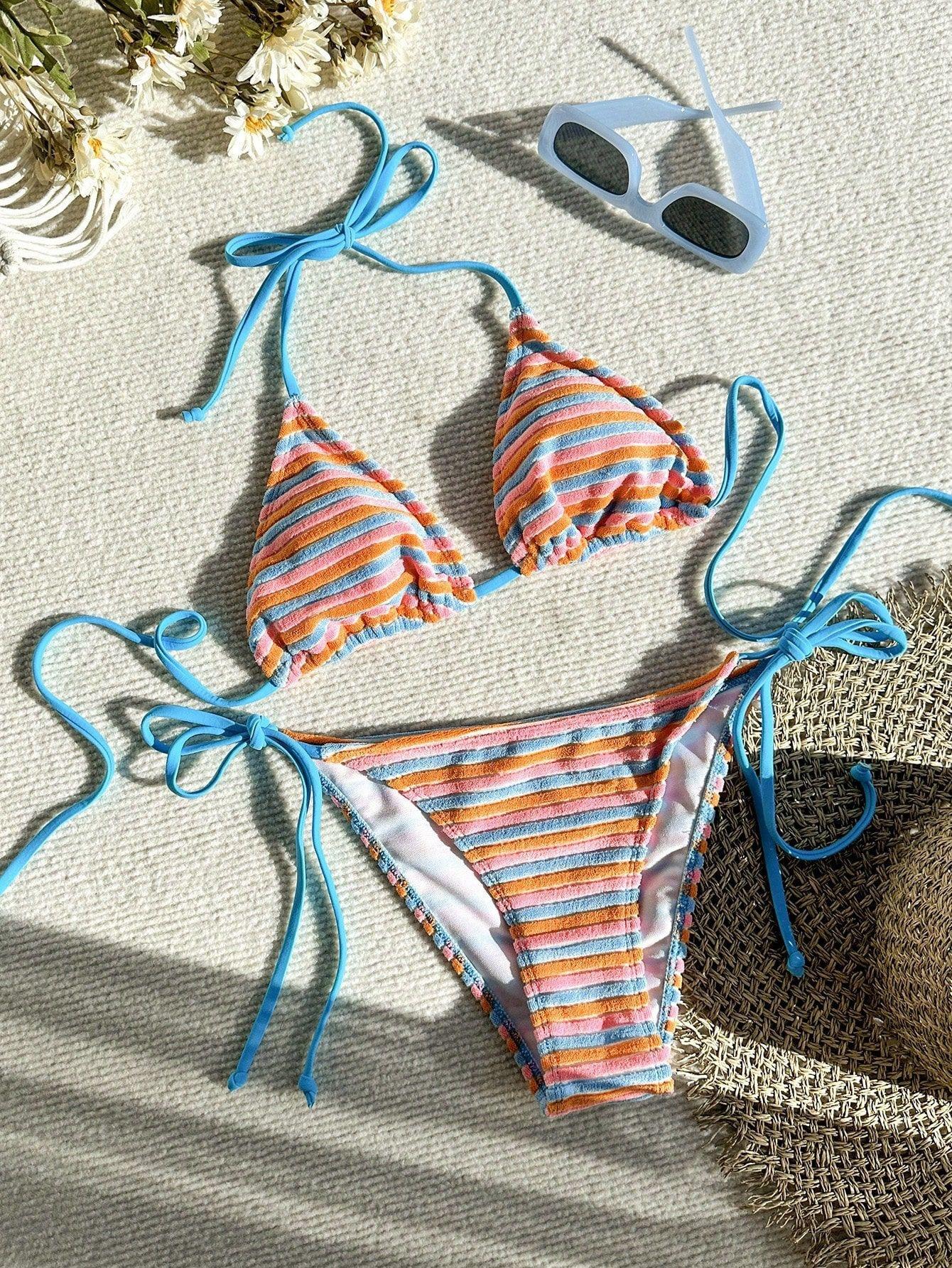 

Europe, America, Jacquard Stripe Color Lace-Up Split Three-Point Bikini Swimsuit Women S Suit S