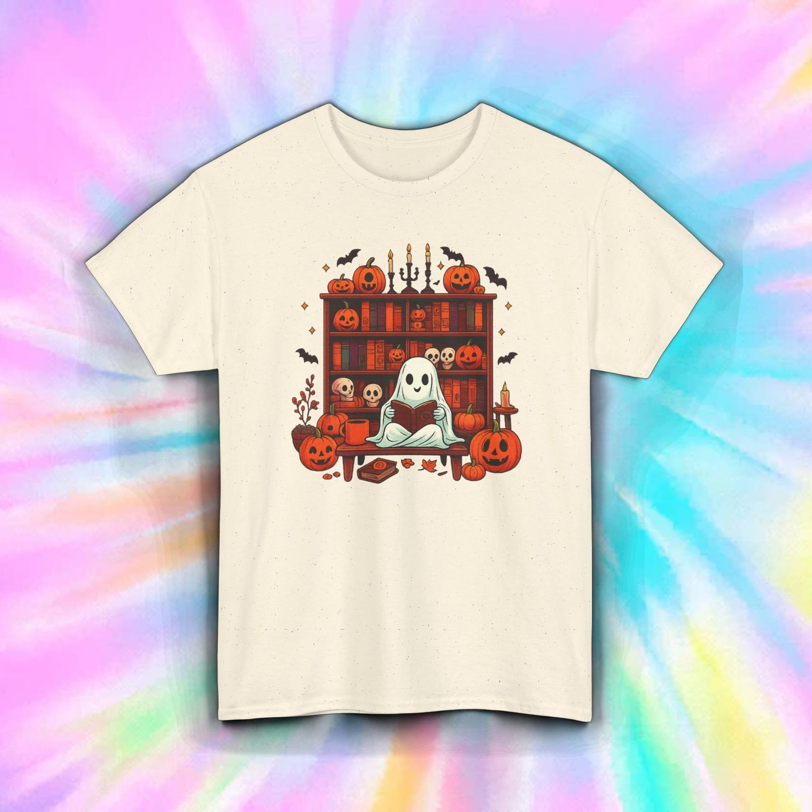 Ghost Reading Books Shirt Funny Halloween Pumpkin Library Graphic Tee Spooky S
