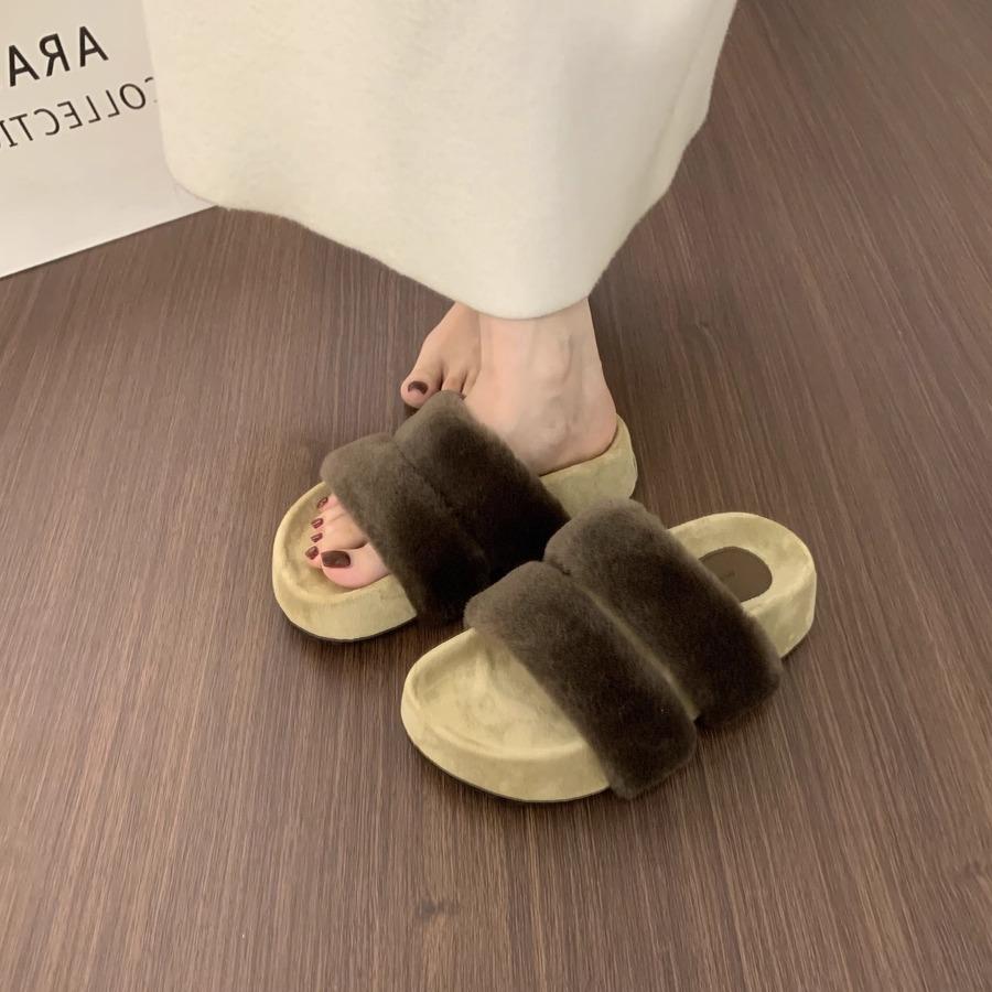 BEILIXUAN~ Mink hair word with thick bottom hair slippers women wear autumn and winter 2025 new fairy cotton slippers