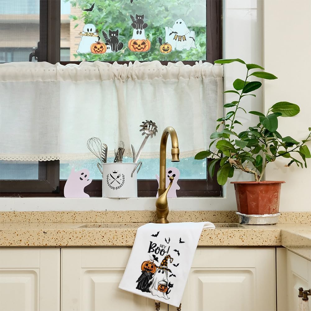 ARKENY Pumpkin Ghost Halloween Kitchen Towels Set of 2,Black Bat Boo Dish Towels 18x26 Inch,Farmhouse Home Indoor Vintage Party Decoration AD394