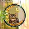 Acrylic Crescent Moon Tabby Cat Suncatcher, Stained Glass Style Window Hanging Ornament for Cat and Celestial Lovers