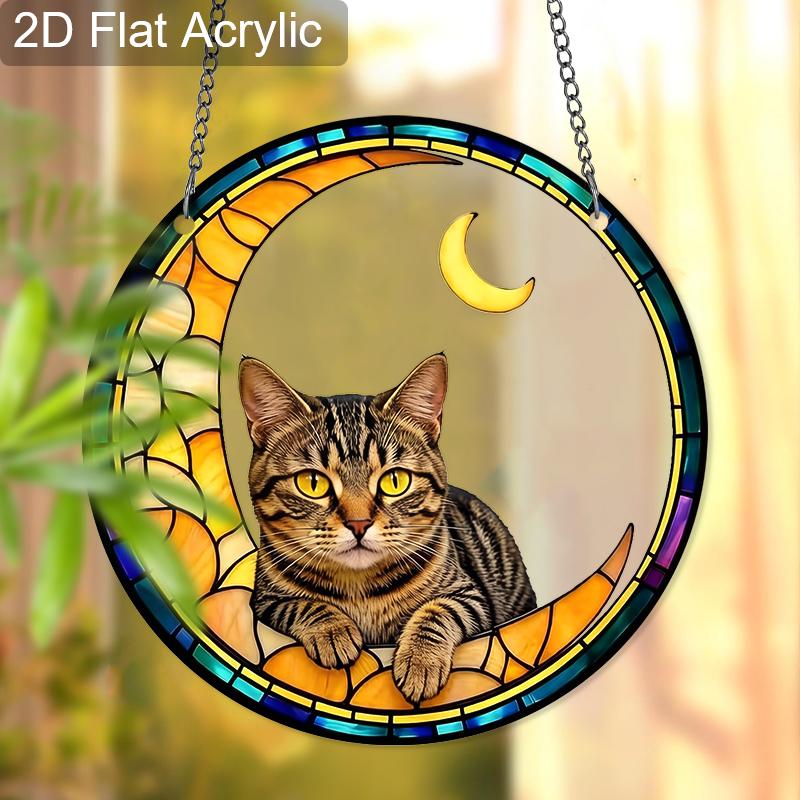 Acrylic Crescent Moon Tabby Cat Suncatcher, Stained Glass Style Window Hanging Ornament for Cat and Celestial Lovers