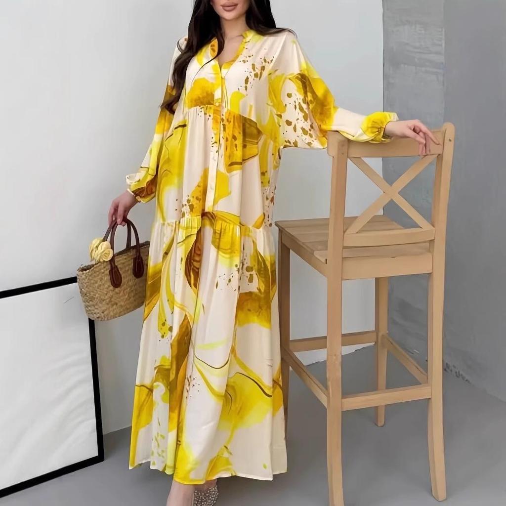 2025 European & American Long Sleeve V-Neck Casual Printed Dress