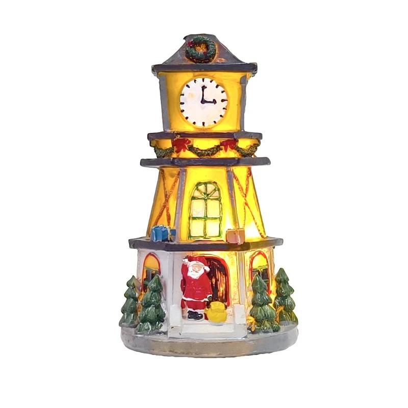 

LED Light Up Resin Christmas House Creative Illuminated Clock Tower Tabletop Ornament Festive Gift for Home Xmas Decoration