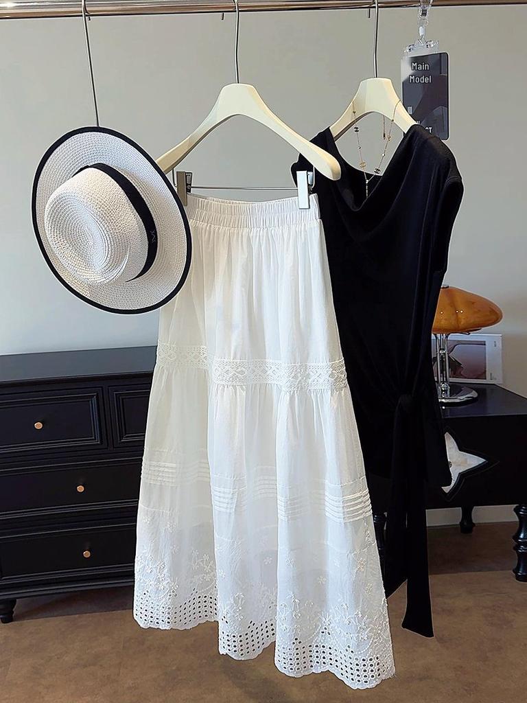 French White Embroidered Lace Mid-Length Umbrella Skirt for Women