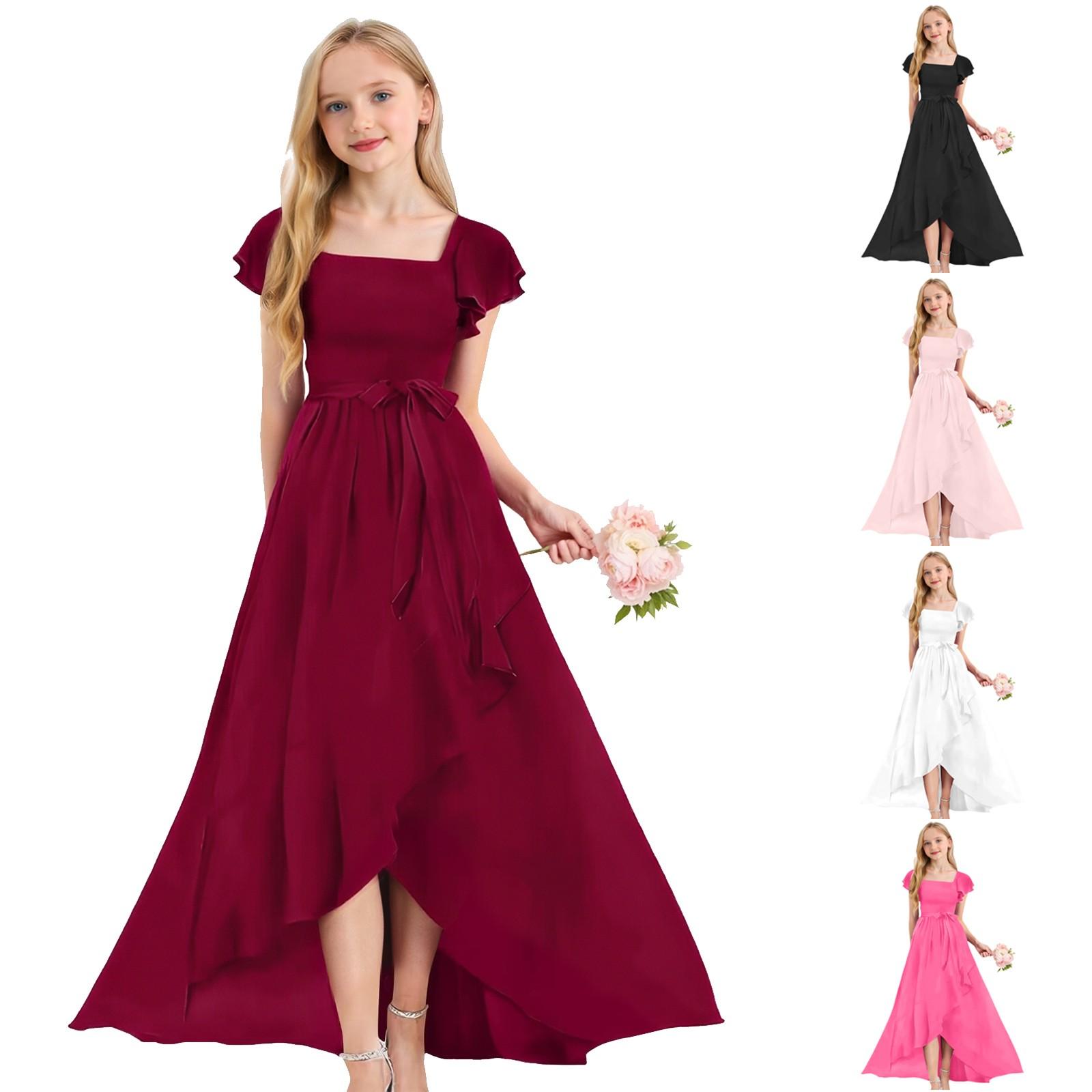 

Girls Flared Waist Dress - Solid Color Tiered Ruffle Maxi 160 білий