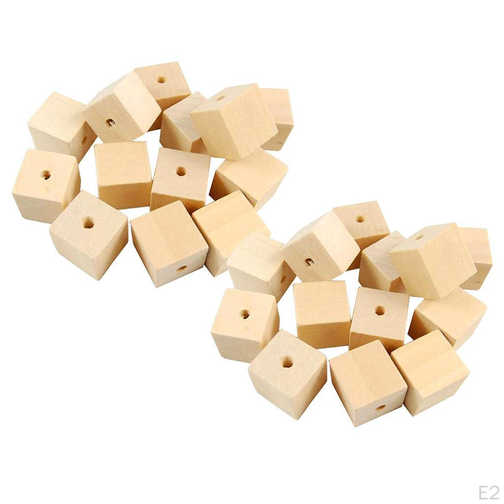 50 Cubes with Holes - Unfinished Solid Wood Beads for DIY Craft and Building Projects(2 Sizes To