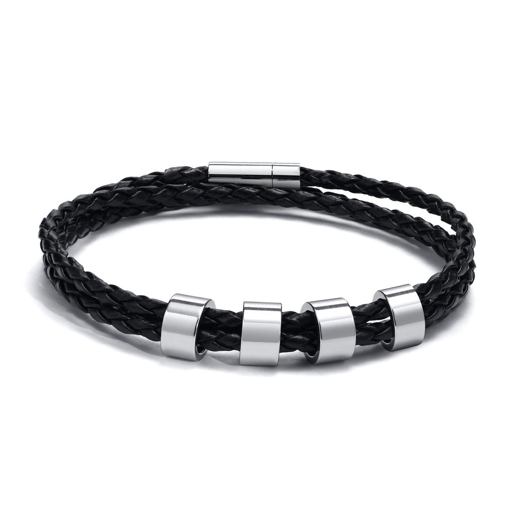 Custom 1-7 Names Multi Layer Leather Bracelet for Men,Stainless Steel Beads Handmade Braided Wristband,Gift for Father Dad