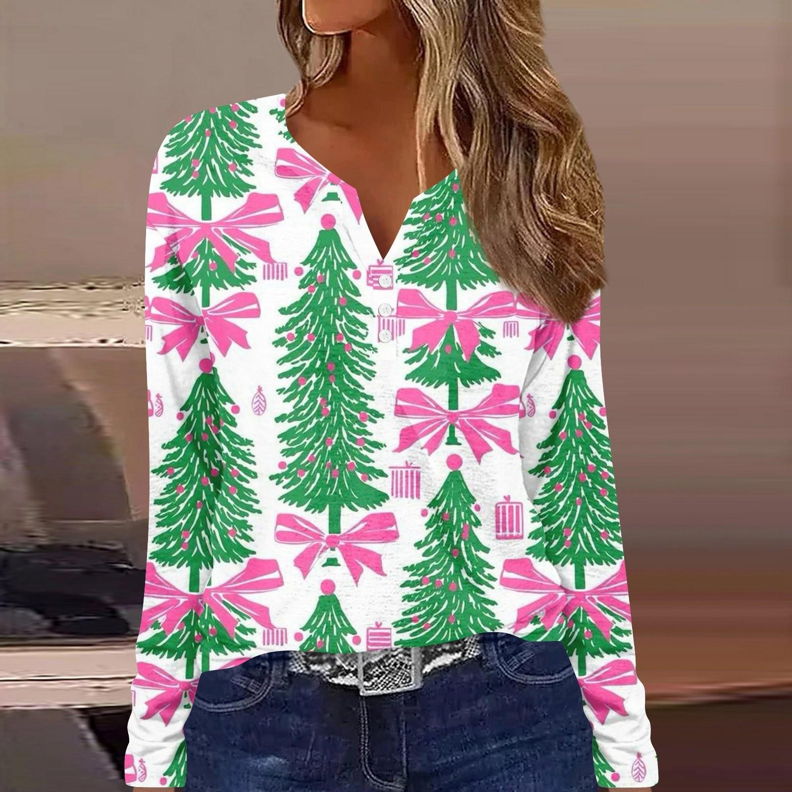 Женская мода повседневная цветочная рождественская печать V-образный вырез с длинными — фото 6