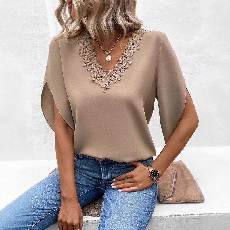 Bluză de vară elegantă casual, cu dantelă, decolteu în V, mâneci scurte evazate, croială largă, culoare solidă, top pentru femei, modă feminină, îmbrăcăminte simplă pentru birou