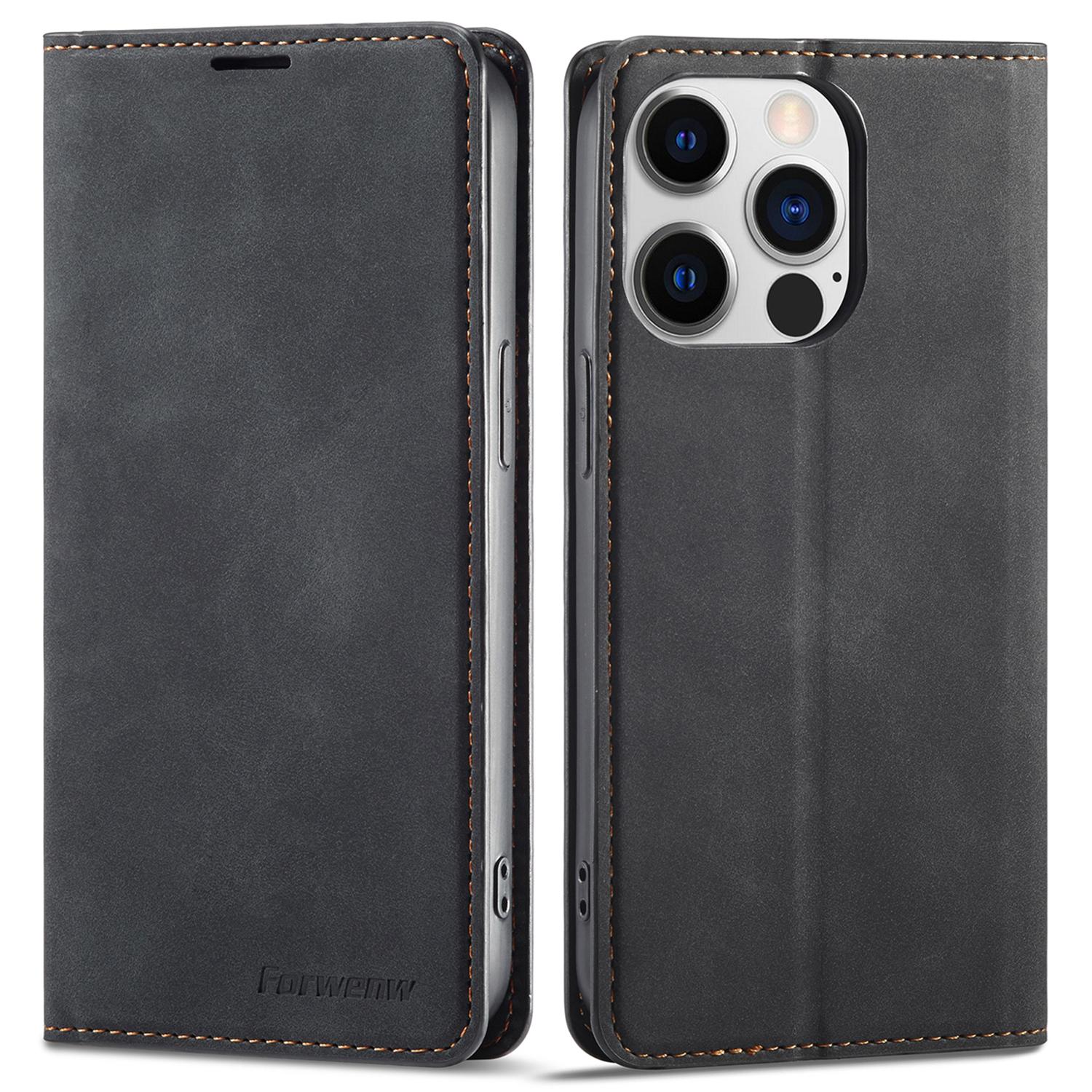 

FORWENW Fantasy Series for iPhone 15 Pro Max Skin-touch PU Leather Magnetic Phone Case Phone Cover Wallet Black