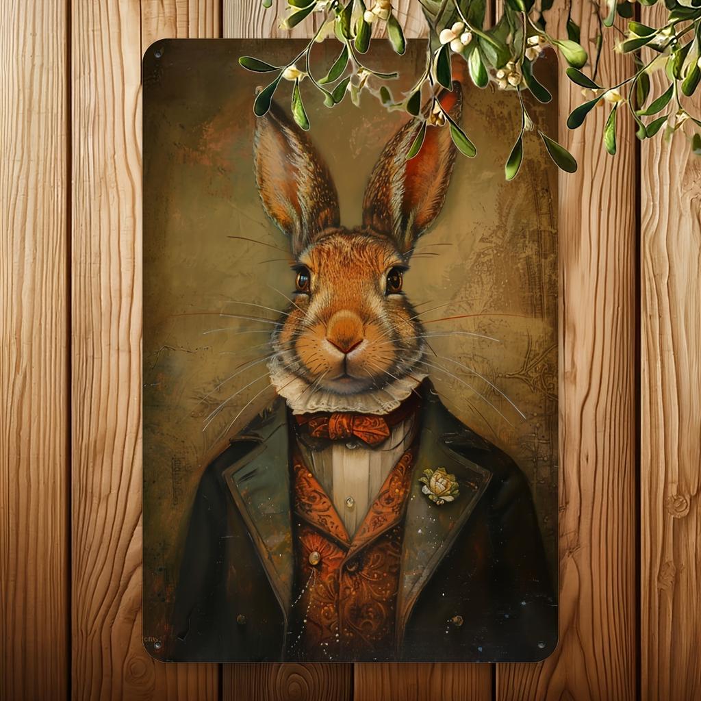 Elegant Gentleman Rabbit Vintage Metal Tin Sign: A Whimsical Wall Art Decoration for Dining Room, Home, Forest, or Garden Walls