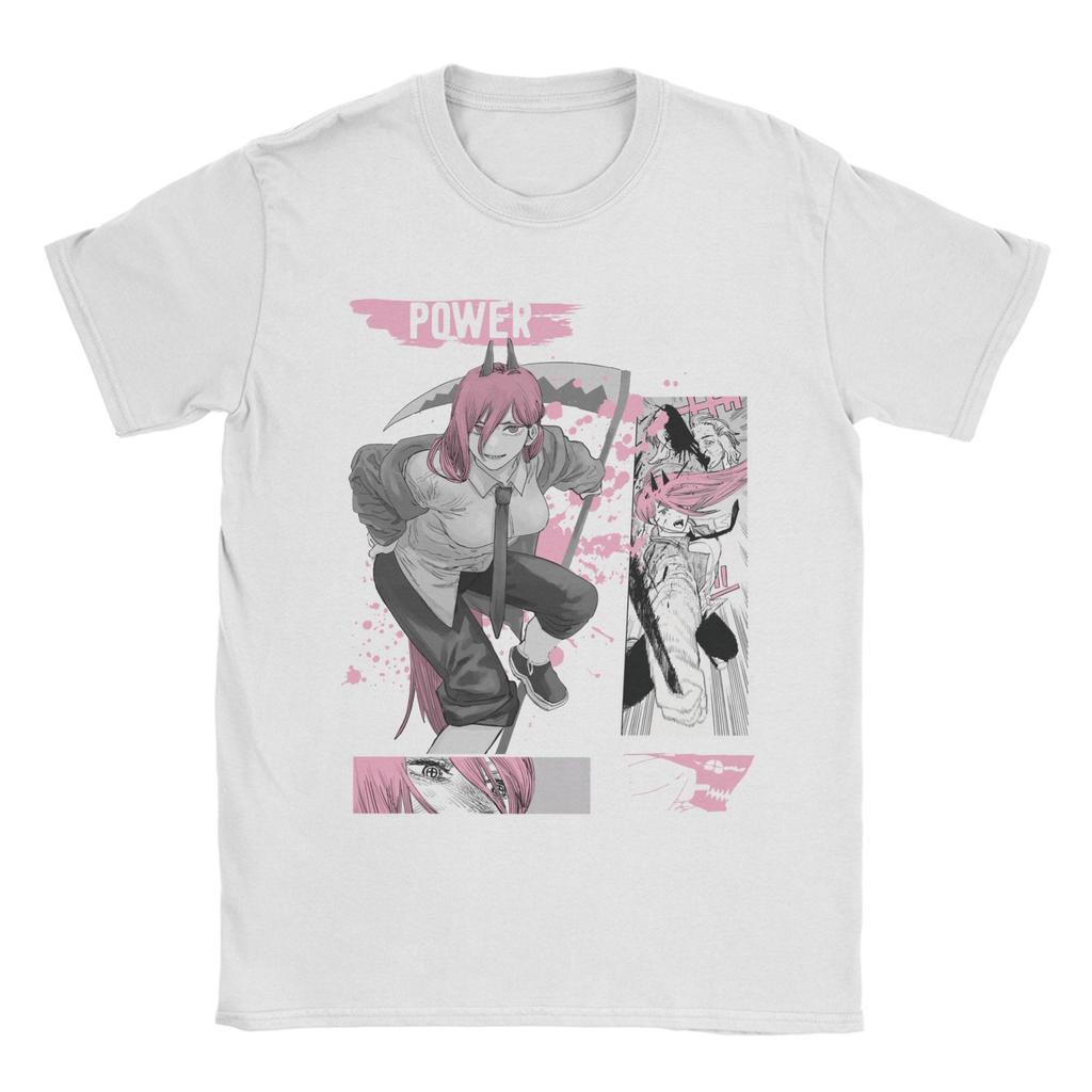 Novelty Power Chainsaw Man T-Shirt for Men O Neck Pure Cotton T Shirts Anime Manga Short Sleeve Tees Plus Size Tops