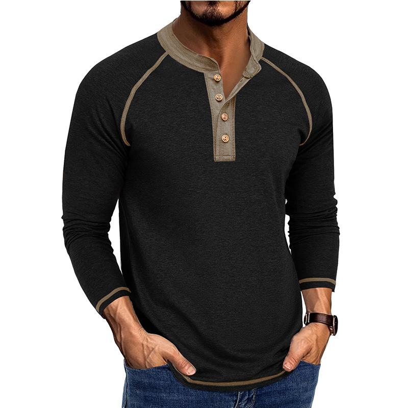 Men Raglan Sleeve Henley Collar Color Block Long Sleeve Solid Color Slim Casual T Shirt S