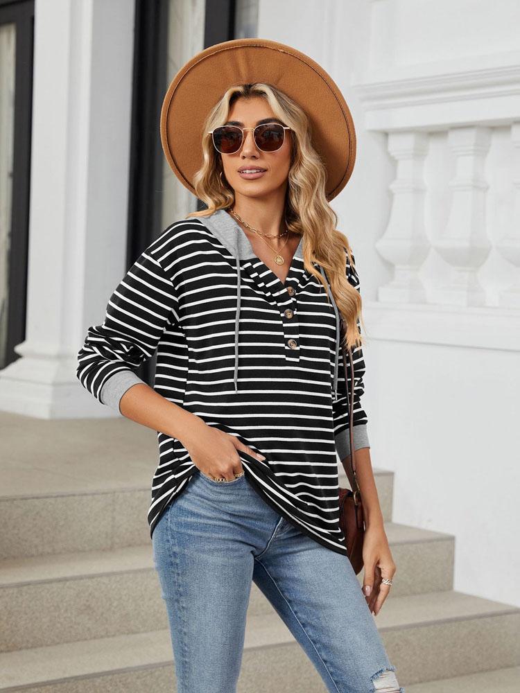 Elegant and Fashionable Fall and Winter Comfortable Hooded Button Drawstring Casual Long Sleeve Sweatshirt Top Pullover Hoodies