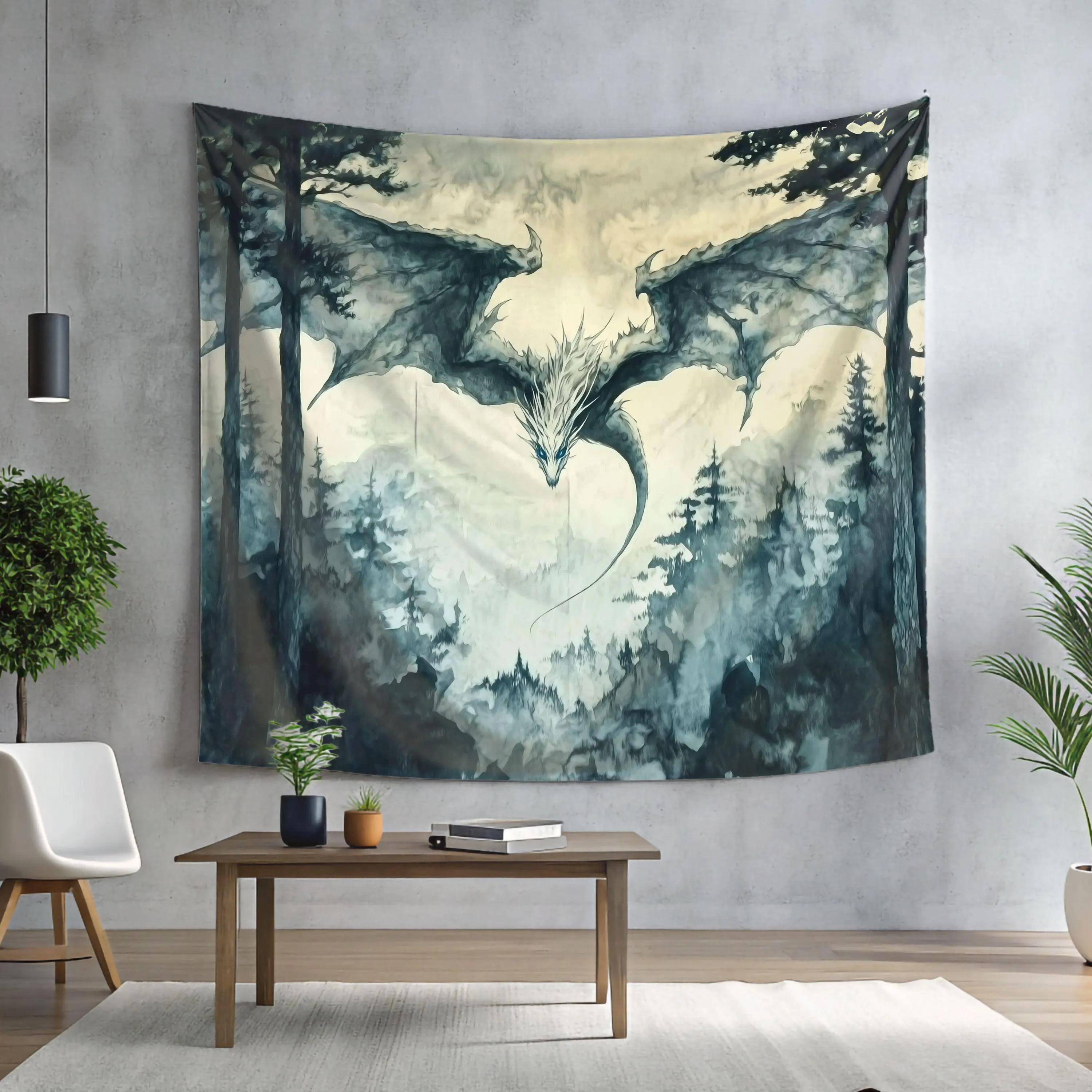 Dark Ink Style Frost Dragon Tapestry Forest Background Cloth Personalized Decoration Room Decoration 100X70CM