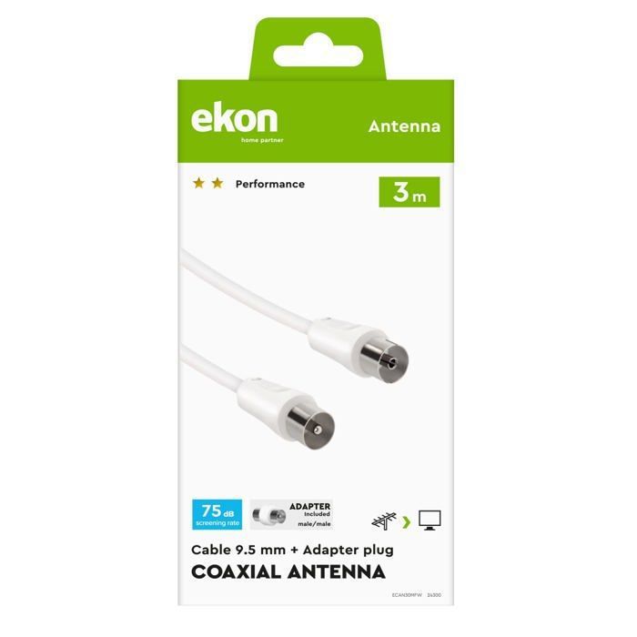 Câble d'antenne TV - Ekon - 3 mètres - 75 dB - Protection anti-torsion - Compatible décodeur numérique