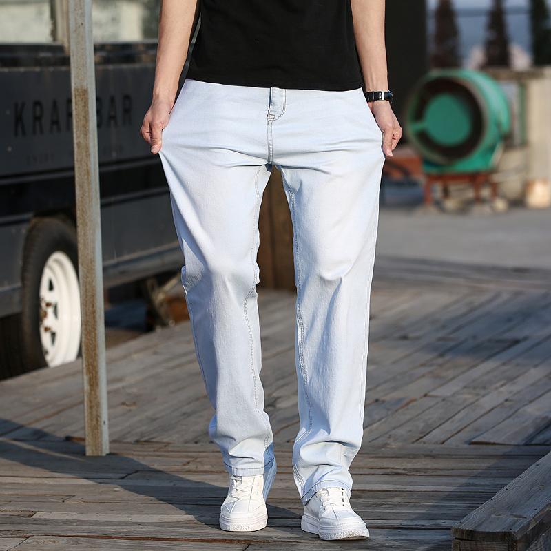 Jeans Elasticizzati Rilassati a Gamba Dritta da Uomo Trendy Color Chiaro a Vita Media Pantaloni Denim Casual da Uomo