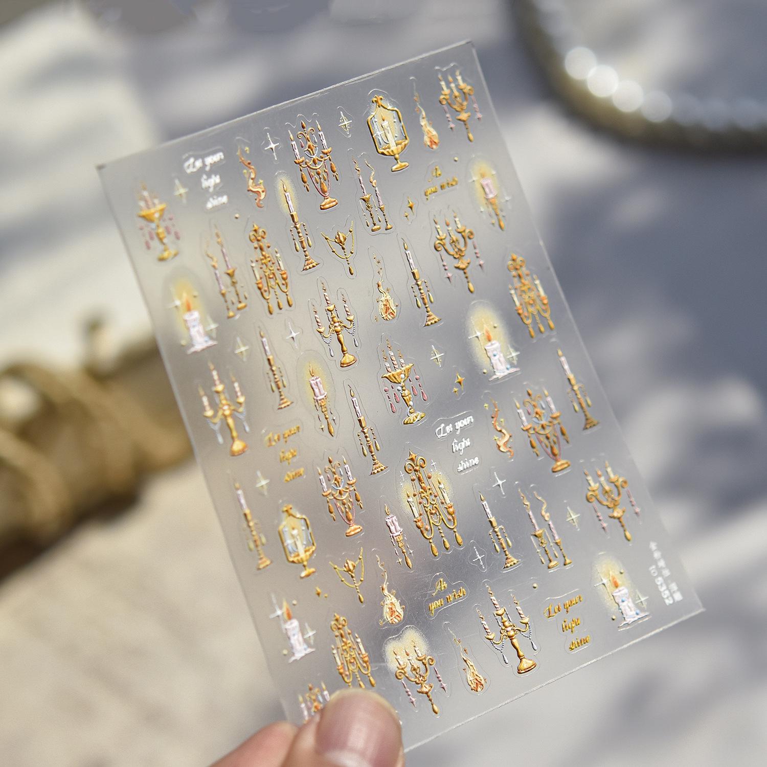 Tomoni New Chinese-Style Super Sparkly Embossed Nail Art Stickers with Butterfly and Candle Holder Ornament Design.