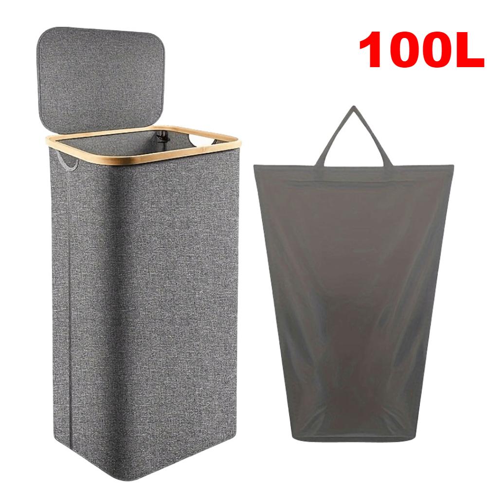 100L Dirty Clothes Bag Box Foldable Laundry Hamper Basket with Bamboo Handle&Lid with Removable Liner Bag for Laundry Room Dorm