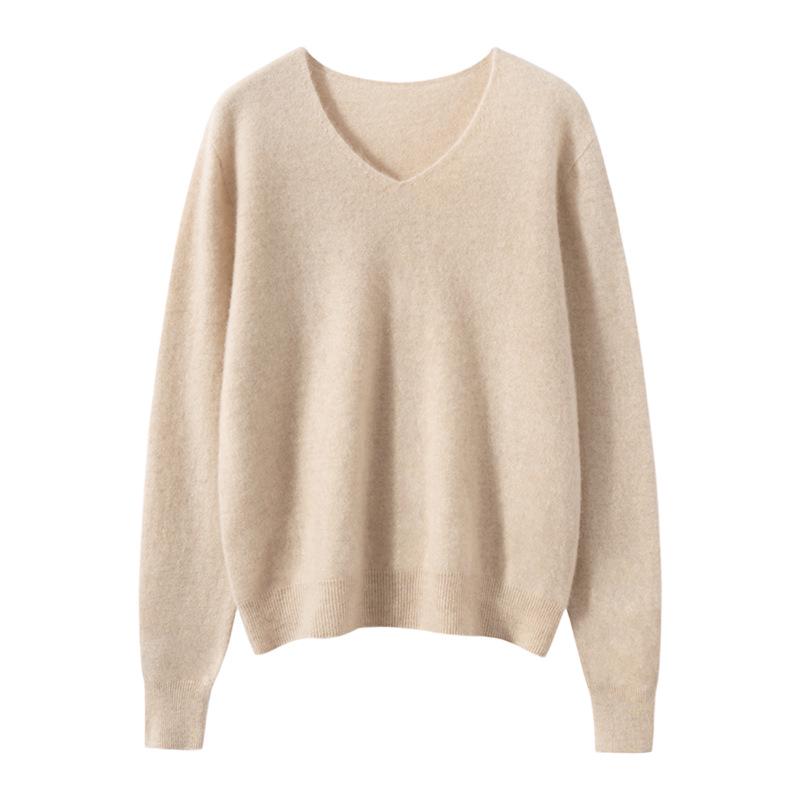 Versatile V-neck Cashmere Wool Sweater - Warm, Loose, Solid Color, Fashion-Forward Base Layer